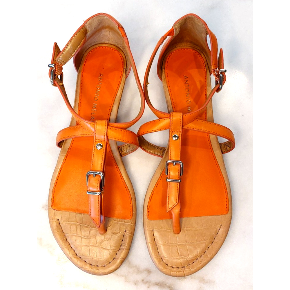 Antonio‎ Melani Thong Sandal Women's SZ 6 Orange With Gold Buckles Spring